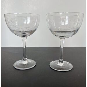 Mid-Century Elegant Champagne Glasses etched with zig zag swirl lines. Set of 2.